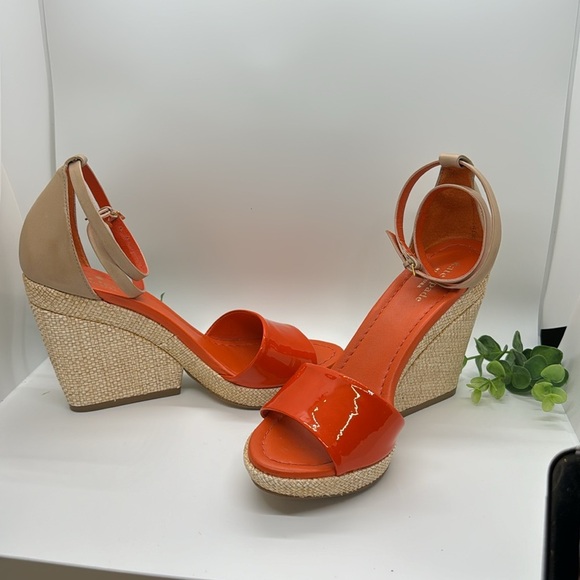 Kate Spade Orange/ Tan Ferrel Vachetta Ankle Strap Sandal Wedges -size 7 - Picture 2 of 10